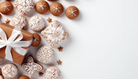 Festive holiday layout with gift box, cookies, decorations, and balls on white background.の素材