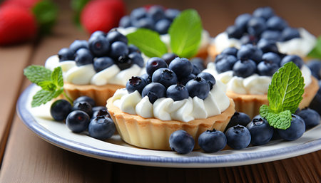 Delicious tartlet with fresh blueberries beautifully arranged on a pristine white plateの素材