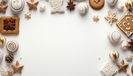 Festive holiday layout with props, gift box, cookies, decorations, and balls on white backgroundの素材