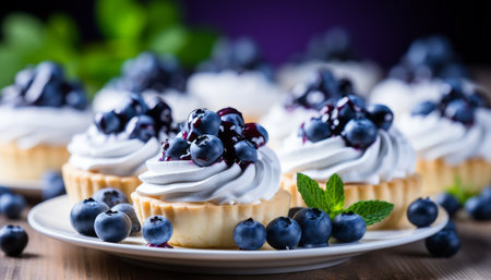 Delicious homemade blueberry tartlet with fresh, plump blueberries on a pristine white plateの素材