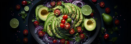 Fresh avocado salad with cherry tomatoes, cucumber, and lettuce on dark blue backgroundの素材