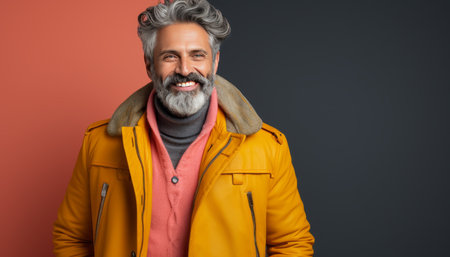 Mature man with smooth skin, gray hair, and happy smile, studio shot on pastel backgroundの素材