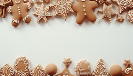 Christmas and new year holiday flat lay with gift box, cookies, toys, balls on white backgroundの素材