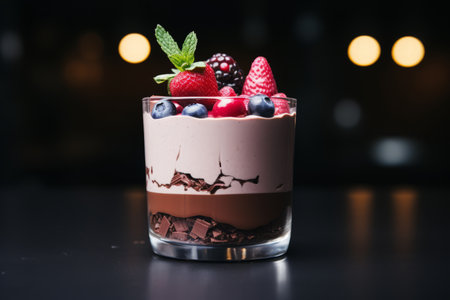 Delicious homemade berry dessert with rich chocolate drizzle and intricate decorative garnishの素材