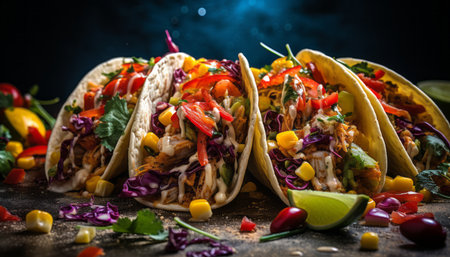 Ai generated gourmet seafood taco plate with fresh ingredients and colorful vegetablesの素材