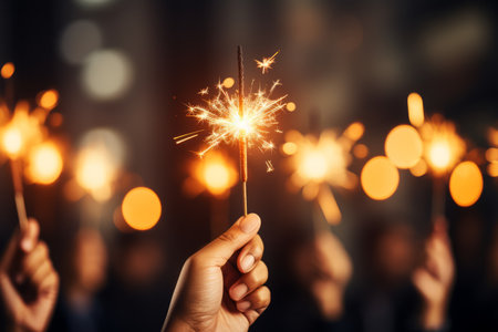Winter holiday celebration joyful people with glowing sparkles and dazzling fireworks displayの素材