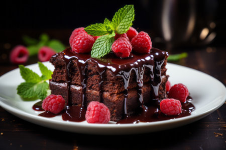 Scrumptious homemade berry dessert with luscious chocolate drizzle and exquisite decorative touchesの素材