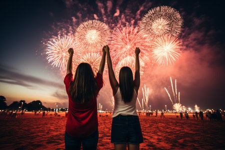 Festive celebrations joyful crowd holding glowing sparklers, enjoying winter holiday with fireworksの素材