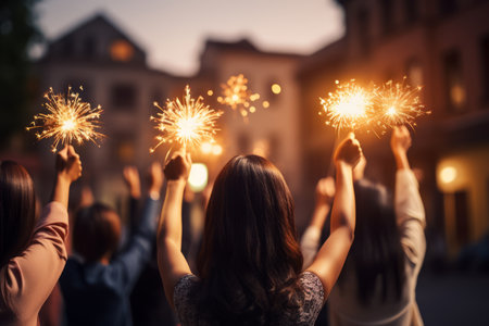 Winter holiday celebration group of joyful people enjoying sparkling fireworks in their handsの素材