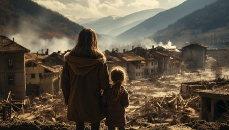 Heartbreaking scene woman and child in contemplation of the city devastated by a powerful earthquakeの素材