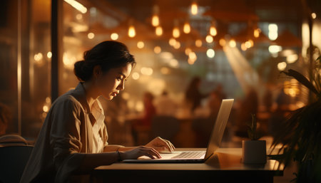 Young asian woman working on laptop in cafe, freelancer or student with computer, looking at cameraの素材