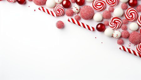 Christmas ornaments and candy mockup on white background   festive winter text placementの素材