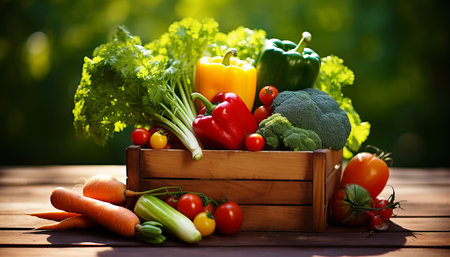 Freshly picked vegetable harvest displayed in a rustic wooden box on a sunlit outdoor tableの素材