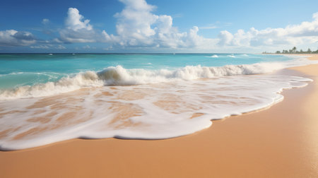 awe inspiring tropical summer beach with golden sunlight, soft sand, and crystal clear ocean waterの素材