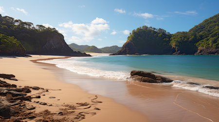 Golden sunlight on tropical beach, inviting powdery sand, serene crystal clear ocean watersの素材
