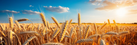 Golden wheat field on a sunny summer day, captivating farm background with vibrant colorsの素材