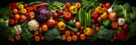 Fresh fruits and vegetables, vibrant selection, top view, flat lay on dark backgroundの素材