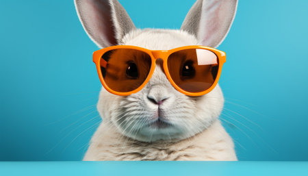 adorable white bunny wearing sunglasses on vibrant background   studio shot with copy spaceの素材
