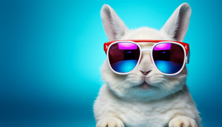 Cool white bunny in sunglasses on vibrant solid color backgroundStudio shot with copy space.の素材