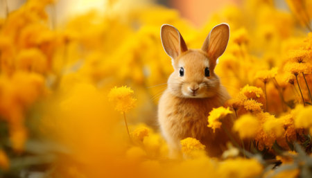 Cute bunny surrounded by blooming flowers on vibrant background   studio shot with copy spaceの素材