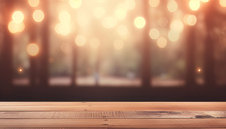 Abstract warm living room decor with christmas tree string lights on wooden table topの素材
