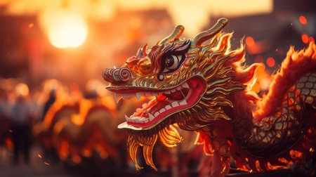 Colorful chinese new year dragon dance costume with intricate design details and cultural symbolismの素材