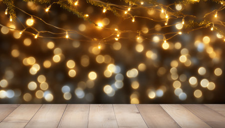 Abstract warm living room decor with christmas tree string lights on empty wooden tableの素材