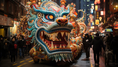Colorful float of chinese mythological character in chinese new year street processionの素材