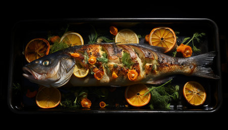 Delectably seasoned and expertly roasted fish fillet sizzling in a hot pan, ready to be savoredの素材