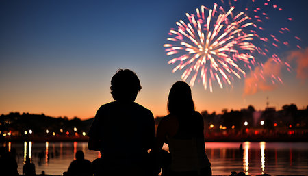 Chinese new year fireworks celebration silhouettes embodying communal festivity and unityの素材