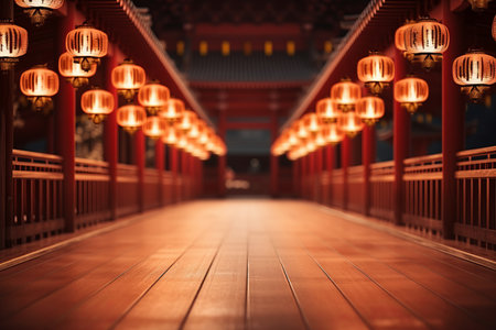 Beautifully decorated temple entrance for chinese new year celebrations with lanterns and bannersの素材