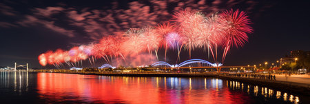 Vibrant chinese new year fireworks illuminating the night sky with dazzling colors and patterns.の素材