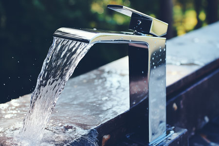 Sleek chrome bathroom faucet and fitting close up with water droplets for modern designの素材