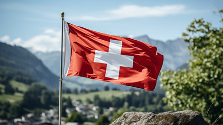 Scenic view of the swiss flag waving proudly against a breathtaking backdrop of majestic mountainsの素材