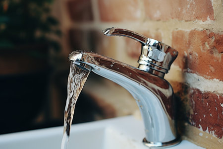 Close up of modern bathroom faucet with flowing water and detailed view of fitting and fixturesの素材