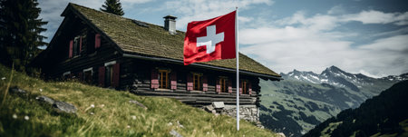 Panoramic view of majestic mountain landscape with the flag of switzerland fluttering in the breezeの素材