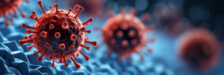 Highly detailed close up of a flu covid 19 virus cell on a dramatic outbreak influenza backgroundの素材