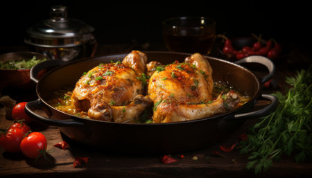 Golden brown roast chicken with a delectably crispy skin, expertly cooked in a sizzling panの素材