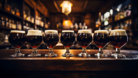 Lively brewery pub happy hour with friends engrossed in conversation and joyful expressionsの素材
