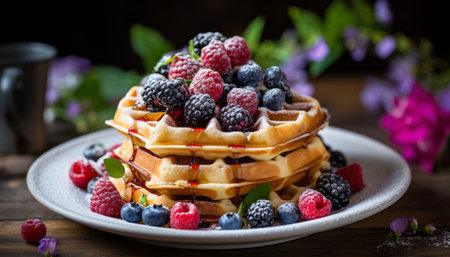 Indulge in the irresistible delight of mouthwatering waffles adorned with luscious berriesの素材