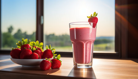 Delicious strawberry milkshake in clear glass on white kitchen counter, sunlit on a warm summer dayの素材