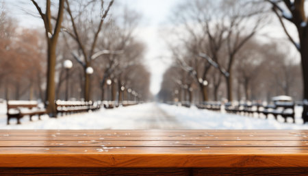 Winter forest scene with empty wooden table covered in fresh snow for product placementの素材