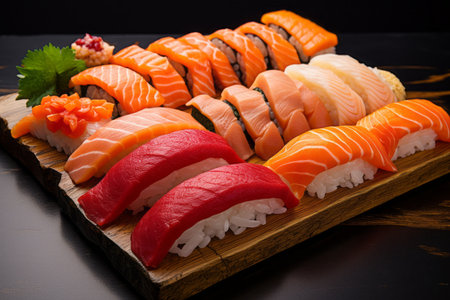 Delicious Fresh Sashimi Sushi Close Up in a Cozy Cafe with Japanese Culinary Delightsの素材