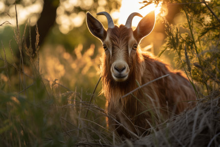 Natures Serenity. Tranquil Summer Evening with a Graceful Goat Grazing on a Vibrant Light Meadowの素材