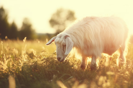 Golden Hour Serenade. Majestic Goat Grazing on a Serene Meadow at Summer Sunsetの素材