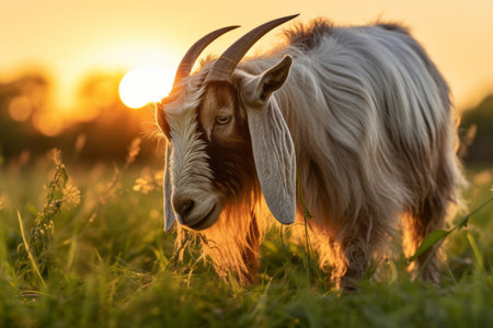 Beautiful Goat Grazing on a Serene Meadow in the Soft Morning Light of a Peaceful Summer Dayの素材