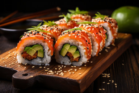 Artfully Arranged Sushi Rolls. Avocado and Salmon on Wooden Tray in Authentic Japanese Cafeの素材