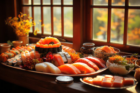 Home-Style Fresh Sushi Delight - Exquisite Assortment of Rolls Beautifully Set on a Windowsillの素材