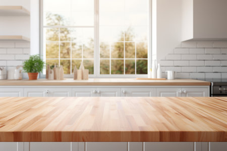 Minimalist Kitchen Interior with Empty Light Wood Table Top and Window Backgroundの素材