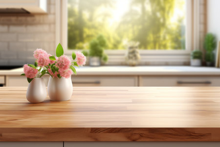 Empty Wood Table in Cozy Modern Kitchen with Window Background for Product Placementの素材